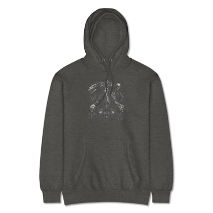 Norse goddess Hel Queen design featuring dragon, throne, and skulls on a black hoodie print.