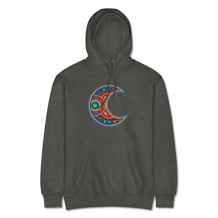 Indigenous Huichol Moon art pullover hoodie featuring vibrant, colorful indigenous crescent patterns.