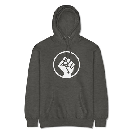 Raised fist socialist symbol graphic on an activist pullover hoodie.