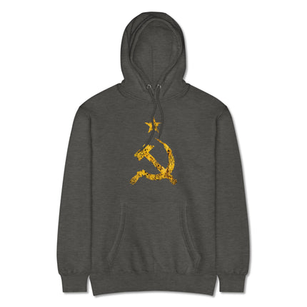Distressed yellow hoodie featuring the communist hammer and sickle emblem from the USSR.