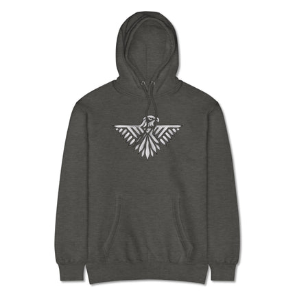 Thunderbird and tribal eagle symbol graphic printed on a fleece pullover hoodie.