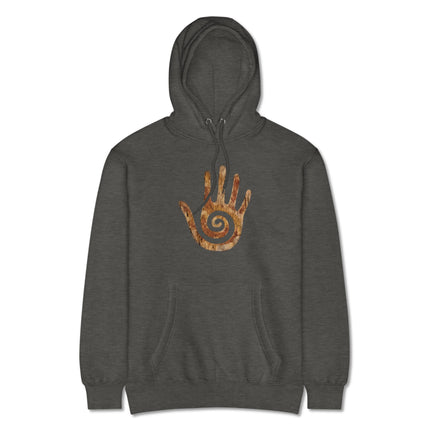 Hopi Healing Hand symbol and Native American spiral motif printed on a pullover hoodie.