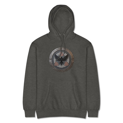 Raven shield viking hoodie design featuring Norse mythology and runic symbols.