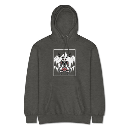 Cryptid Wendigo skull antlers graphic hoodie featuring tribal forest artwork pullover fleece.