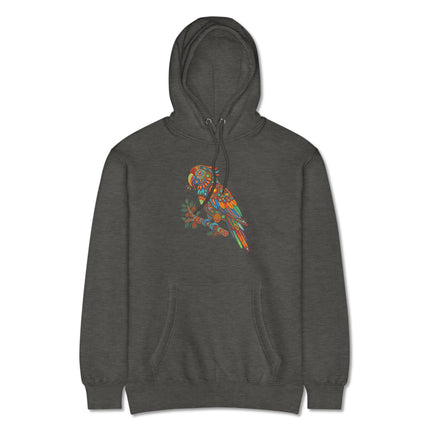 Bohemian Huichol spirit animal art hoodie with colorful parrot and mandala bird print.