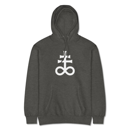 Black pullover hoodie with Leviathan Cross and alchemical sulfur symbol print.