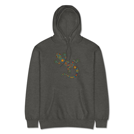 Mexican Huichol art lizard gecko print hoodie featuring vibrant, colorful Mexican folk designs.