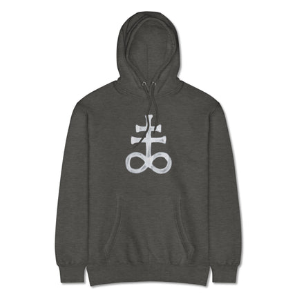 Leviathan Cross hoodie featuring brimstone symbol and pagan alchemy graphic print.
