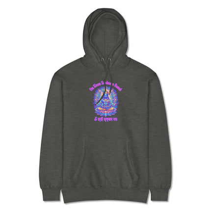 Om Kleem Krishna spiritual art hoodie featuring vibrant Hindu mantra print on a pullover.