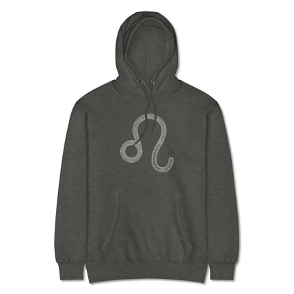 Black pullover hoodie featuring an intricate Leo zodiac sign and astrology symbol design.