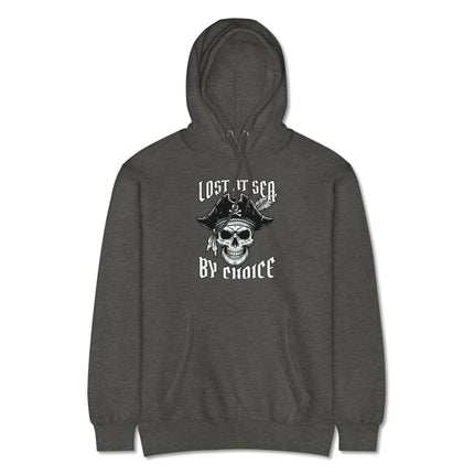Pirate skull pullover hoodie featuring "Lost At Sea By Choice" nautical rebel graphic design.