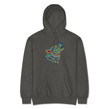 Colorful Huichol tribal art hoodie featuring a howling wolf design.