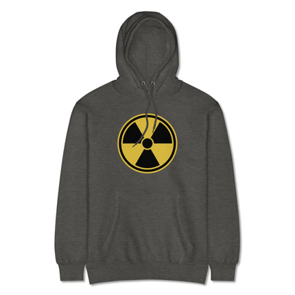 Black pullover hoodie featuring a radioactive symbol and nuclear hazard warning graphic print.
