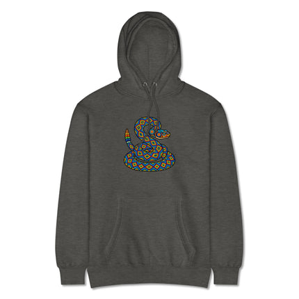 Huichol folk art rattlesnake pattern on colorful geometric pullover hoodie design.