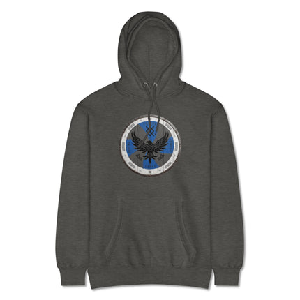 Viking raven shield hoodie featuring Norse mythology warrior pagan art design.