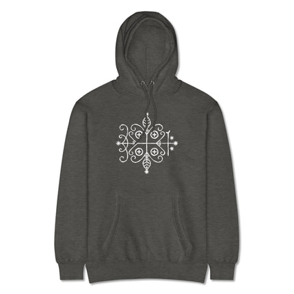 Black hoodie featuring Papa Legba Veve sacred geometry art, inspired by Haitian Vodou culture.