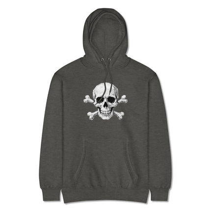 Gothic skull and crossbones design printed on a black pullover hoodie featuring skeletal art.