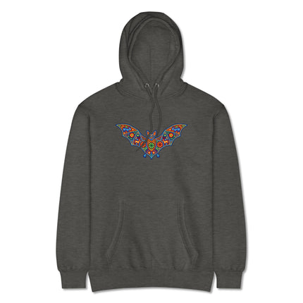 Colorful Huichol folk art bat design printed on a Mexican pullover hoodie.