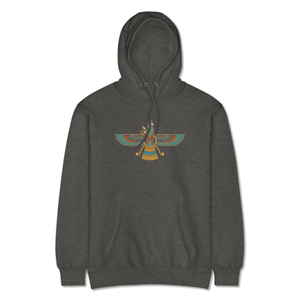 Faravahar symbol printed on a black hoodie, featuring ancient Zoroastrian Persian winged Ahura Mazda design.