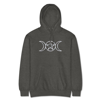 Triple Moon Pentagram Wiccan Goddess witchy graphic on a black pullover hoodie.