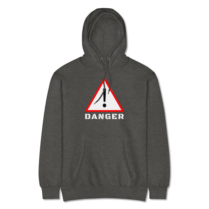 DANGER warning sign graphic pullover hoodie with bold exclamation point print.