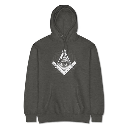 All-Seeing Eye, Square, and Compass esoteric symbol printed on a pullover hoodie.