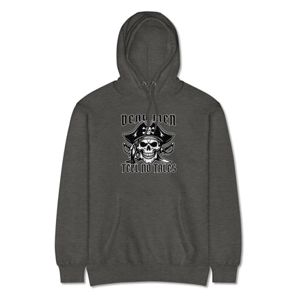 Pirate skull and swords graphic on a pullover hoodie, featuring "Dead Men Tell No Tales" design.