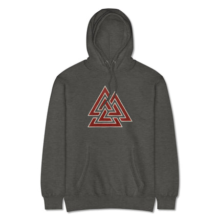 Red Valknut Viking symbol graphic hoodie featuring Norse mythology design.