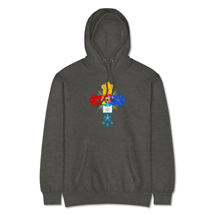 Black hoodie featuring Rosy Cross occult art and sacred geometry graphic design.