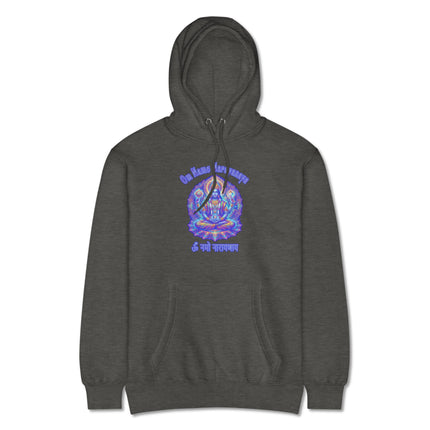 Psychedelic Om Namah Narayanaya Vishnu mantra print pullover fleece hoodie for spiritual wear.