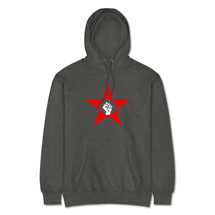 Socialist fist and red star symbol graphic printed on a black pullover hoodie for protest wear.