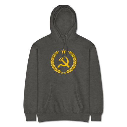 Gold hammer and sickle laurel wreath design on a socialist communist pullover hoodie.