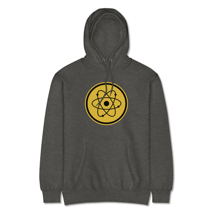 Physics geek pullover hoodie featuring a detailed atomic model and scientific element symbols.
