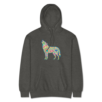 Vibrant Huichol wolf graphic pullover hoodie, featuring colorful Mexican folk art patterns.