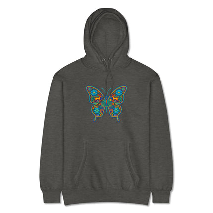 Colorful Huichol butterfly design hoodie featuring vibrant Mexican indigenous folk art patterns.