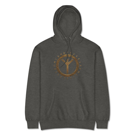 Viking Algiz Rune Circle Hoodie featuring Norse protection symbols and Elder Futhark runes.