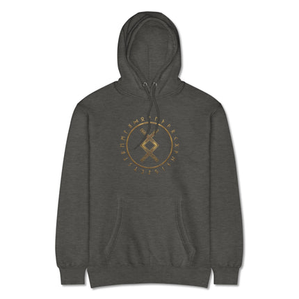 Norse hoodie featuring Inguz Rune and Futhark circle graphic print for Viking style.