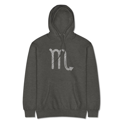 Scorpio zodiac symbol tribal graphic hoodie pullover featuring astrology artwork.