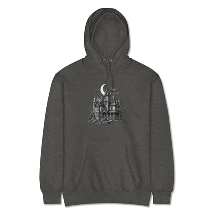 Gothic haunted house hoodie featuring spooky mansion, bats, and full moon graphic print.