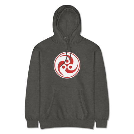 Tomoe Mitsudomoe Japanese symbol design on a unisex Shinto pullover hoodie.