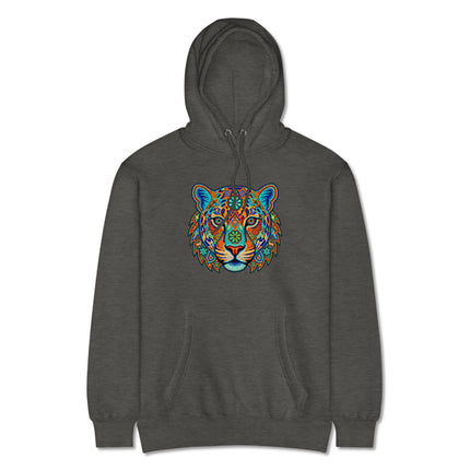 Vibrant Huichol jaguar artwork printed on a colorful Mexican folk art pullover hoodie.