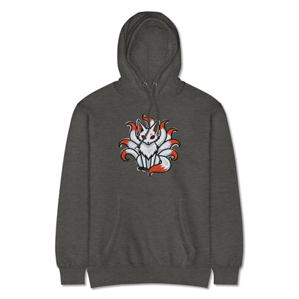 Nine-tailed fox kitsune graphic hoodie design inspired by Japanese mythology.