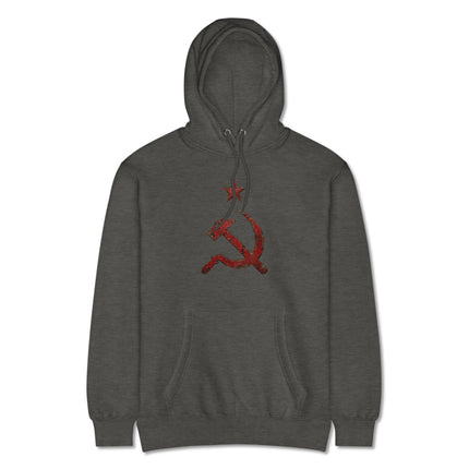 Red distressed hoodie featuring the communist hammer and sickle symbol emblem.