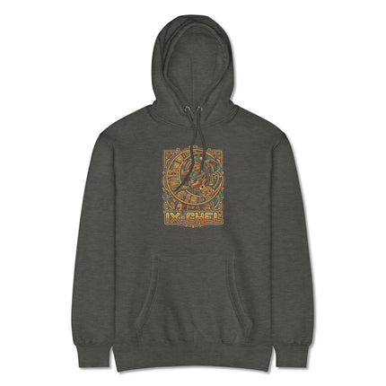 Ixchel Mayan Goddess graphic hoodie featuring ancient Mesoamerican art style print.