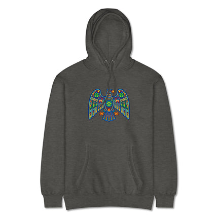 Colorful Huichol eagle art pullover hoodie featuring vibrant indigenous Mexican patterns.