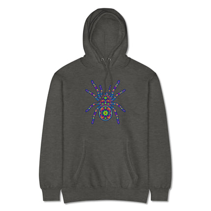 Vibrant Mexican Huichol tarantula spider design pullover hoodie featuring folk art.