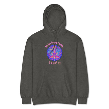 Vibrant Durga Goddess hoodie featuring Om Dum Durgayei Namah Hindu mantra print pullover.