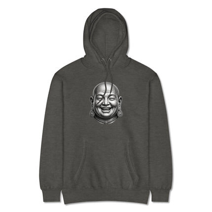 Happy Hotei laughing Buddha graphic on a cozy pullover hoodie design.