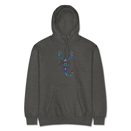 Vibrant Huichol scorpion folk art pullover hoodie design featuring Mexican indigenous patterns.