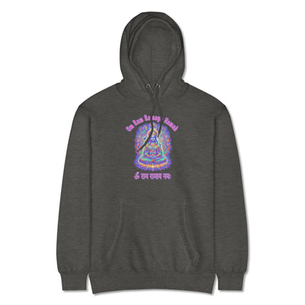Psychedelic Lord Rama hoodie featuring Om Ramaya Namah Hindu mantra print pullover.